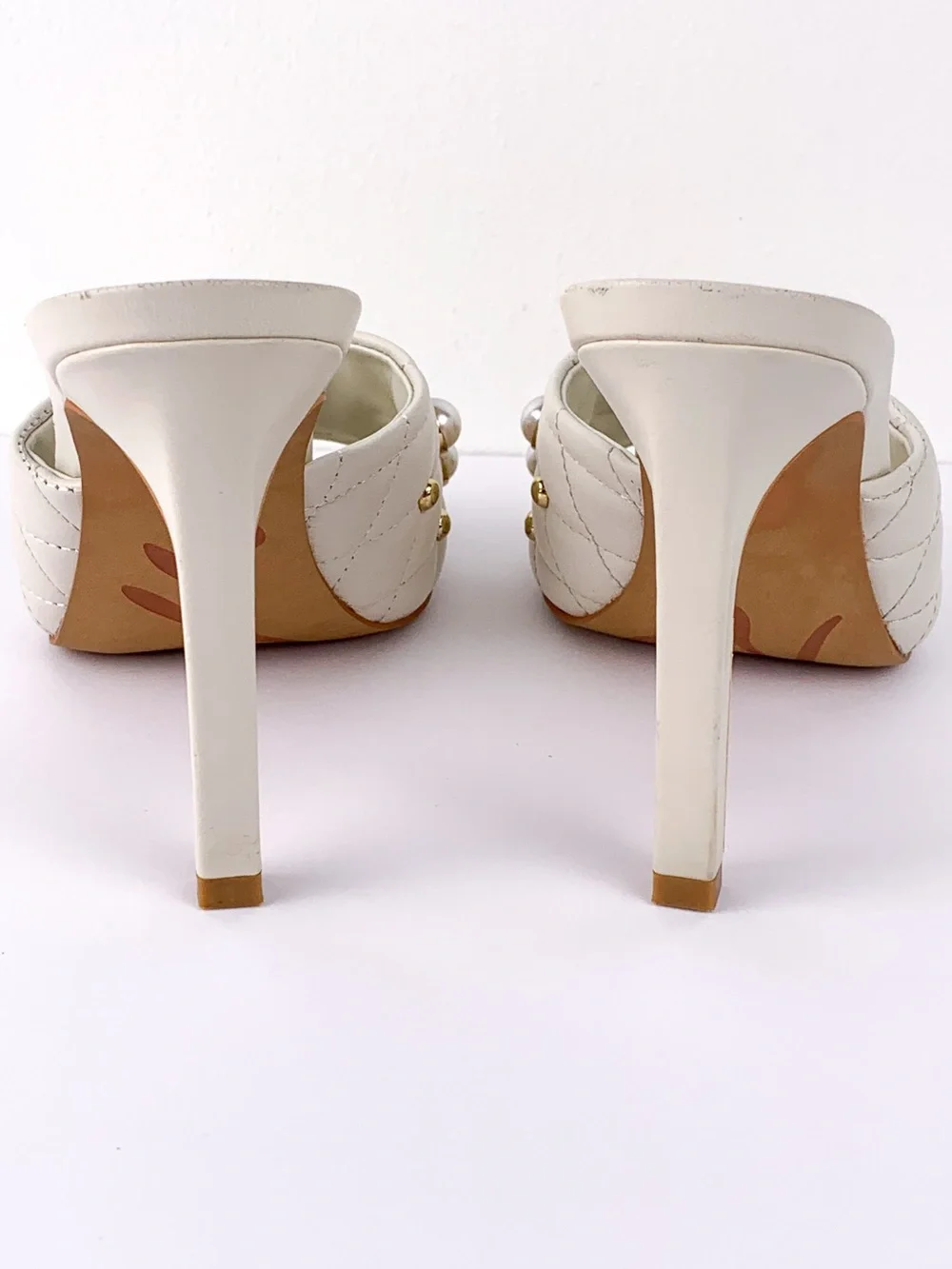 Karl Lagerfeld Paris Amina pearl studded heeled mules in ivory & gold size 6